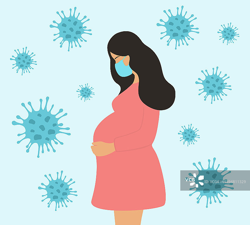 孕妇戴口罩保护自己免受病毒细胞和感染的侧面图图片素材