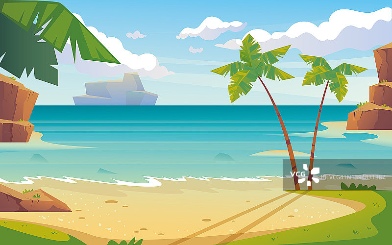 海边海滩景观度假旅游夏日横幅海报概念。矢量卡通设计插画图片素材