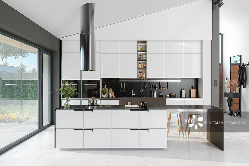 豪华现代厨房内部白色橱柜，厨房岛和瓷砖地板图片素材