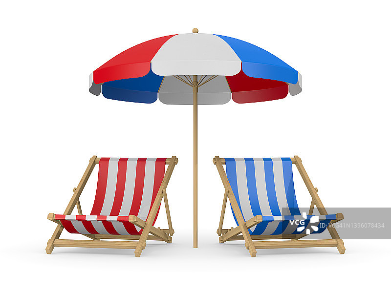 白色背景的沙滩伞和躺椅。孤立的3 d演示图片素材