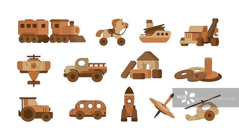 2204. m10.i022.n008.p.c30.1516553951木制玩具。卡通玩具车间，木制火车、汽车、轮船和动物，不同的儿童拼图孤立在白色上。向量组图片素材