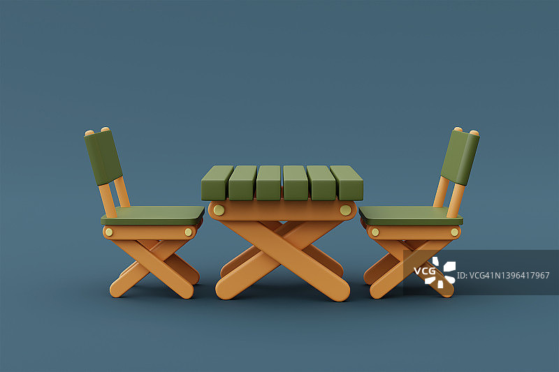 3d渲染木制桌子孤立在蓝色背景，露营设备，假期度假概念。最小的风格。3 d渲染。图片素材