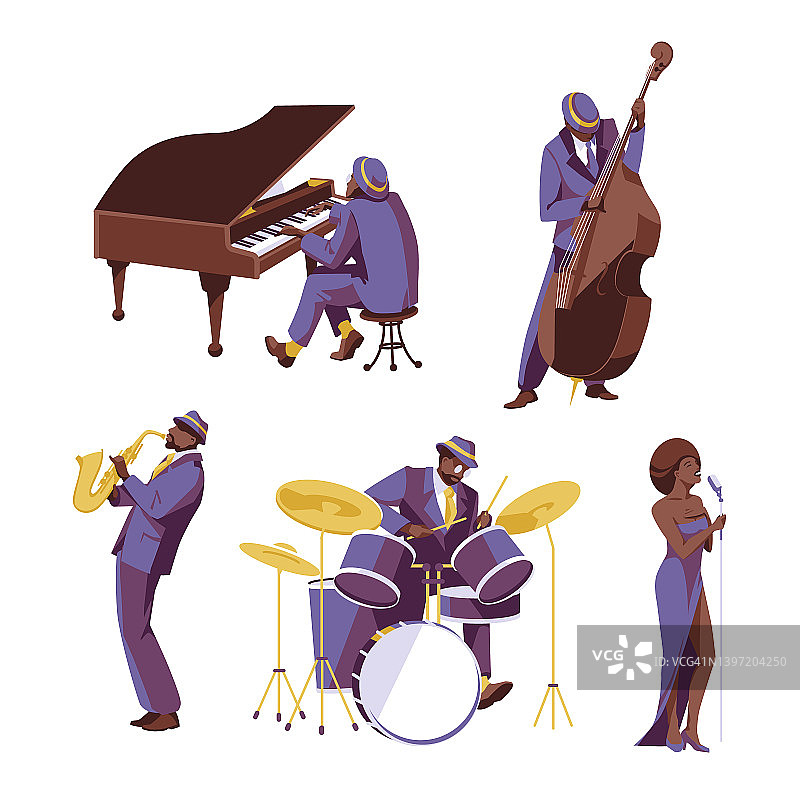 一组爵士灵魂音乐家:歌手，钢琴家，双贝斯手，鼓手，萨克斯手。孤立在白色背景。平面向量插图图片素材