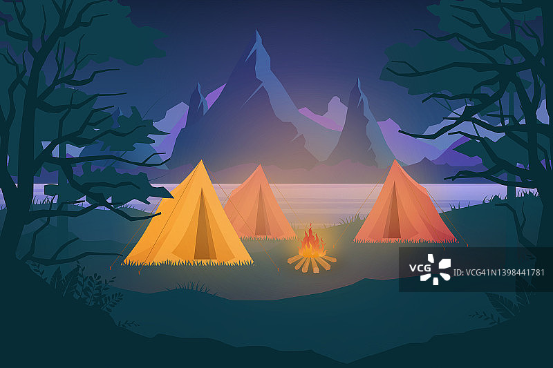 夜间露营矢量插图与露营帐篷户外自然冒险图片素材