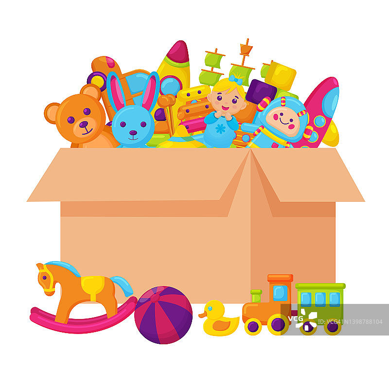 孩子们的玩具在盒子里。收集游戏和娱乐的库存。矢量图图片素材