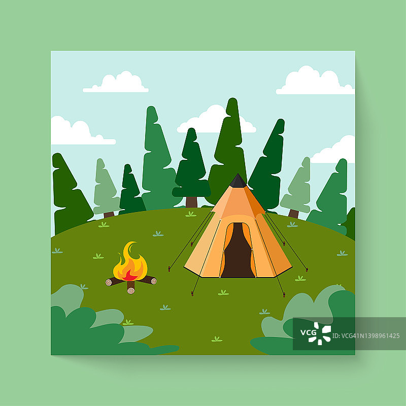 旅游场景与露营在自然森林对夏季矢量图片素材