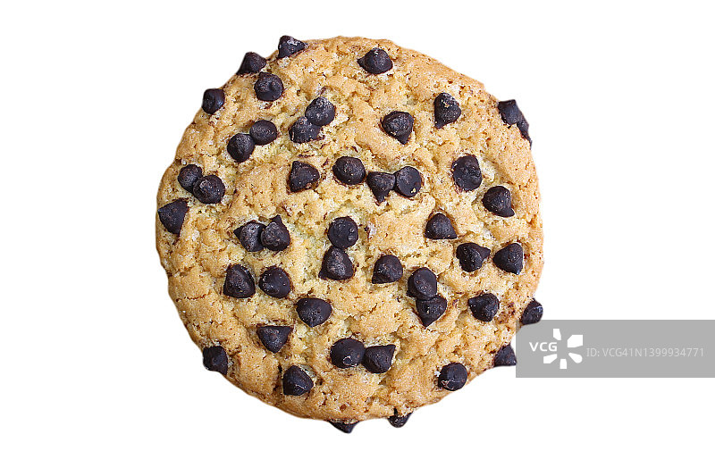 一块带有巧克力块的燕麦饼干放在白色背景上，俯视图。图片素材
