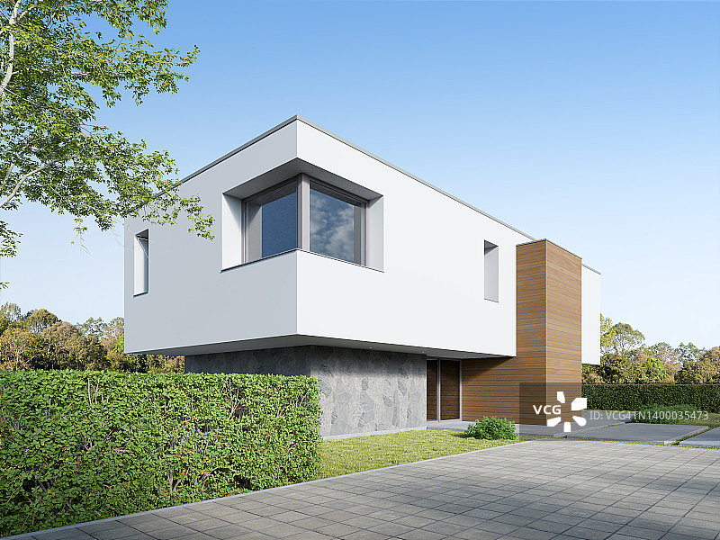 白色现代住宅的3d渲染，混凝土地板和草坪院子。图片素材