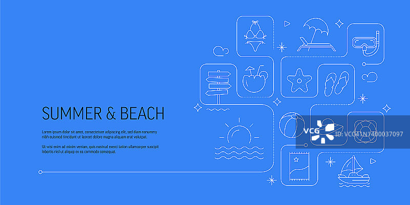 夏天和海滩相关的矢量横幅设计概念，现代线条风格与图标图片素材