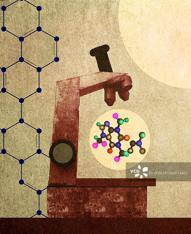 显微镜合成图像，分子结构和六边形结构描绘了科学技术的进步图片素材