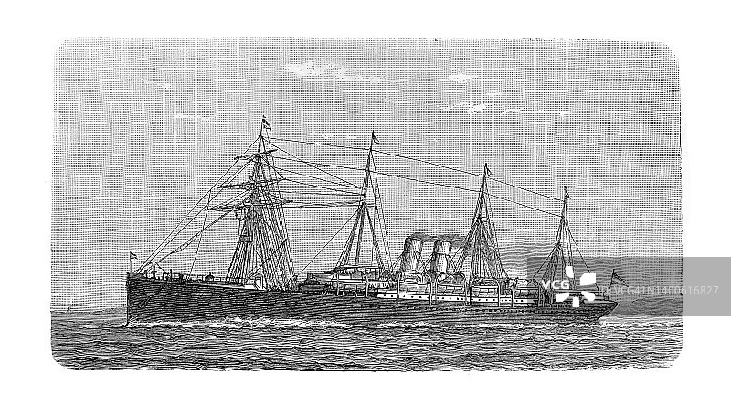 古老的帆船雕刻插图-不莱梅北德劳埃德轮船公司(1898)图片素材