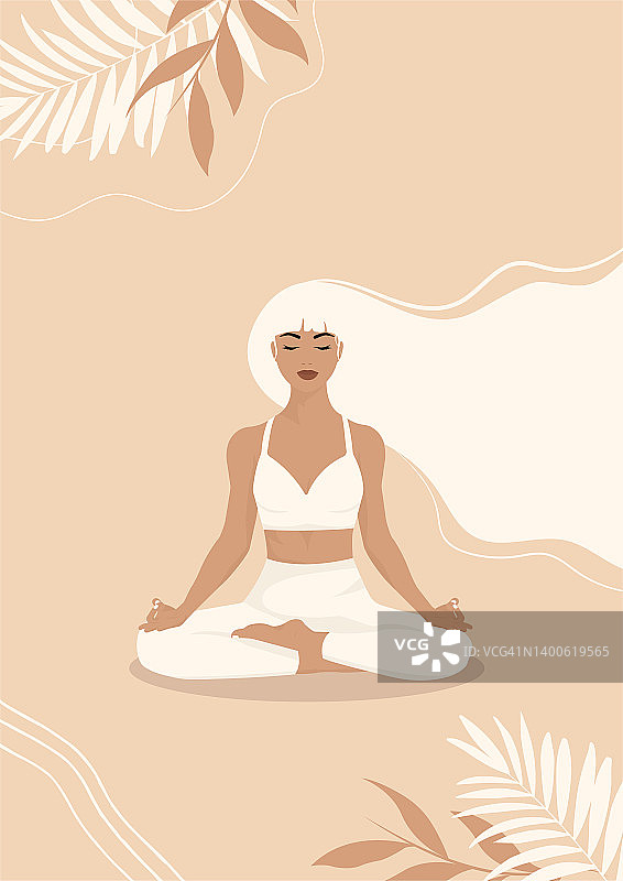 荷花少女，白发淡淡。国际瑜伽日庆祝活动海报的矢量插图。图片素材