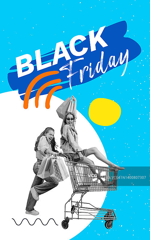 创意海报，传单与两个快乐的女孩与购物袋骑在购物车孤立的彩色抽象背景。促销的概念，黑色星期五，折扣，情绪图片素材