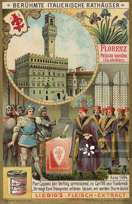 意大利著名的市政厅系列，意大利，佛罗伦萨，维奇奥宫，1494年，卡波尼Pier Capponi撕毁条约的法国卡尔八世，具有历史意义，数字还原了一个收藏家的照片，约1900年，确切日期未知图片素材