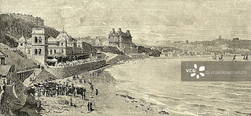斯卡伯勒湾和海滩的景色，北约克郡，维多利亚度假胜地，1888年，19世纪图片素材