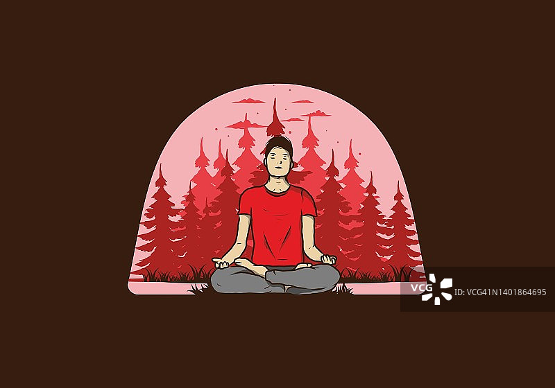 一个人在松树丛中的自然森林里做瑜伽和冥想的插图图片素材