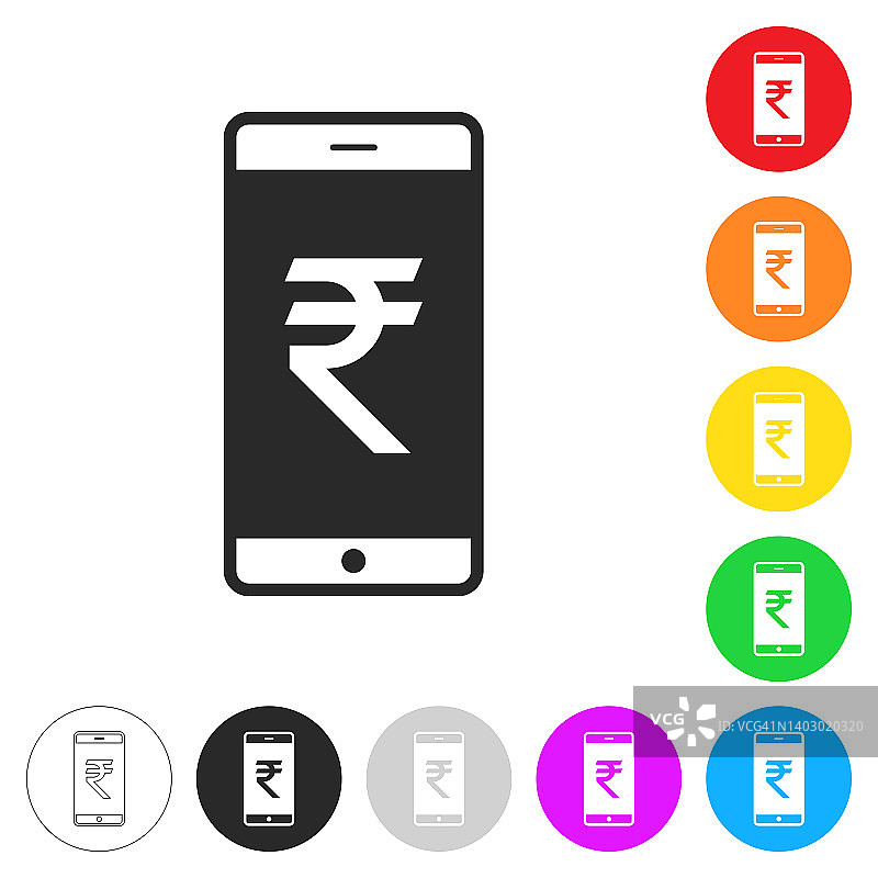 印着印度卢比标志的智能手机。彩色按钮上的图标图片素材