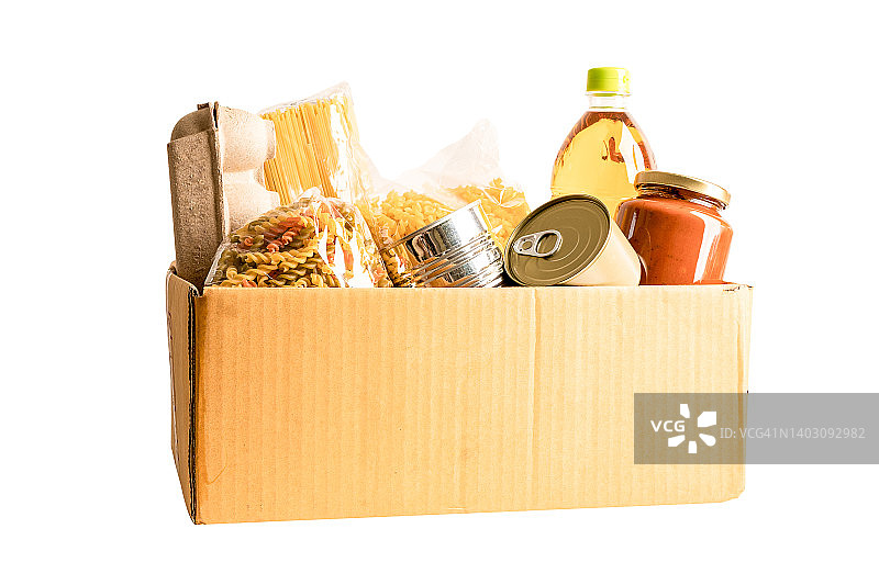 捐赠、储存及运送食品。各种食品，面食，食用油和纸箱罐装食品。图片素材