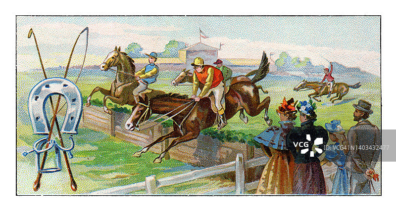 骑师骑着马跳过障碍，1899年的新艺术插画图片素材