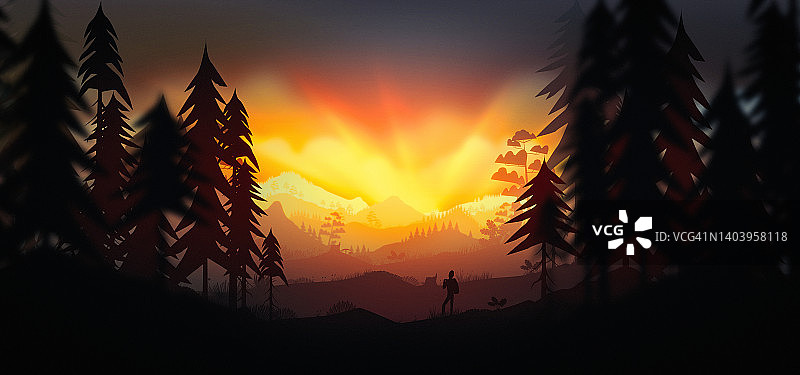 森林和山在夕阳背景与徒步旅行者图片素材