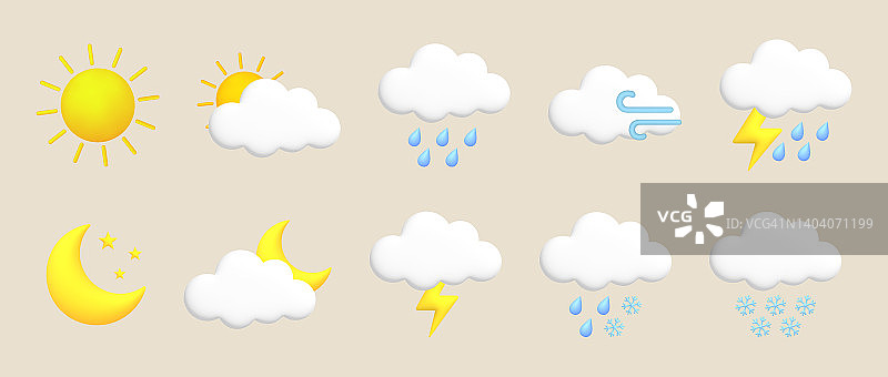 日、月、星、闪电、云、雨、雪、风、雷雨。可爱的3d卡通天气图标设置。图片素材