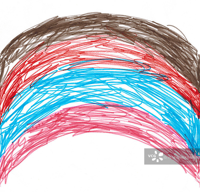 儿童涂鸦。彩虹，孩子们在白色的背景上用马克笔画画图片素材