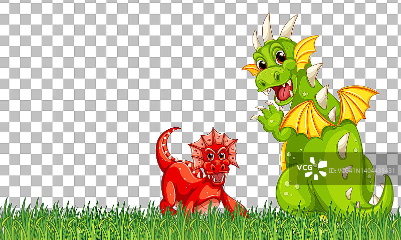 龙和宝宝卡通人物在绿色的草地上透明的背景图片素材