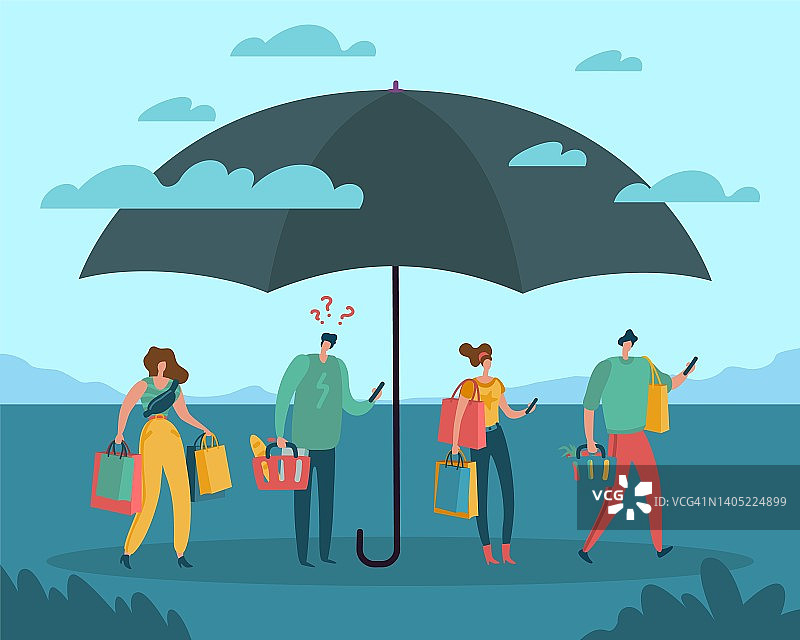 消费者保护。质量保证和产品保险，在线支持服务，购买安全，男女用购物袋撑伞。矢量卡通平面概念图片素材