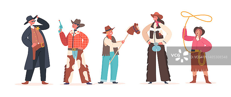 牛仔小孩穿着传统的西部牛仔服装和帽子。男孩和女孩的性格孤立在白人上的西方人物图片素材