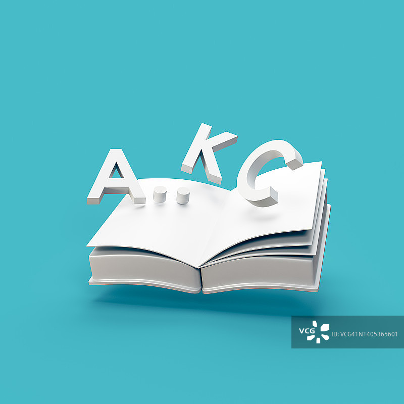 打开的书与字母表字母-风格化的3d CGI图标对象图片素材