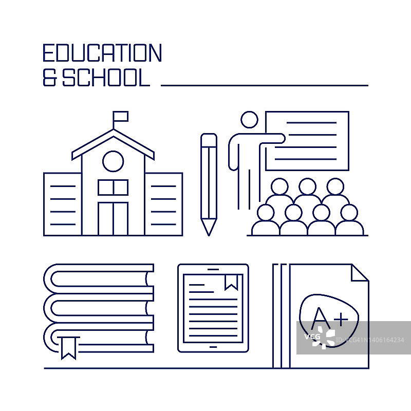 教育和学校相关设计元素。使用大纲图标的模式设计。图片素材