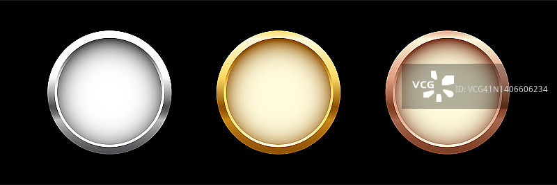 奖金，银和铜空白奖牌3d现实插图。第一名、第二名和第三名的奖牌或按钮被隔离在黑色背景上。认证。质量空白，空徽章，徽章套。图片素材