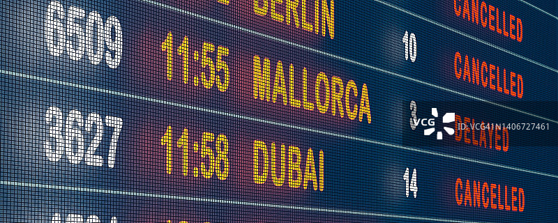 飞往迪拜的航班取消，飞往马略卡岛的航班延误。机场航班表。图片素材