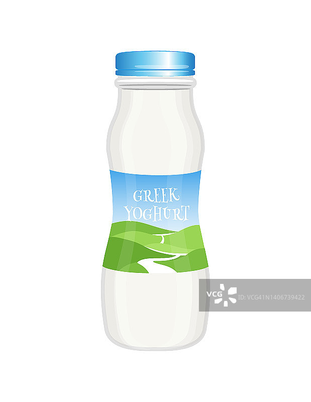 希腊酸奶，开菲尔，牛奶或奶昔，塑料瓶与农场视图标签，卡通风格的矢量插图孤立在白色背景图片素材