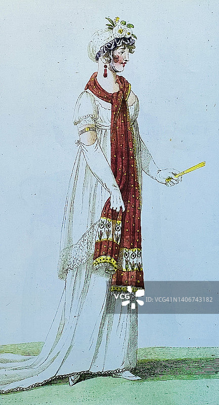 时装模特正在展示一种新的长裙，1803年图片素材