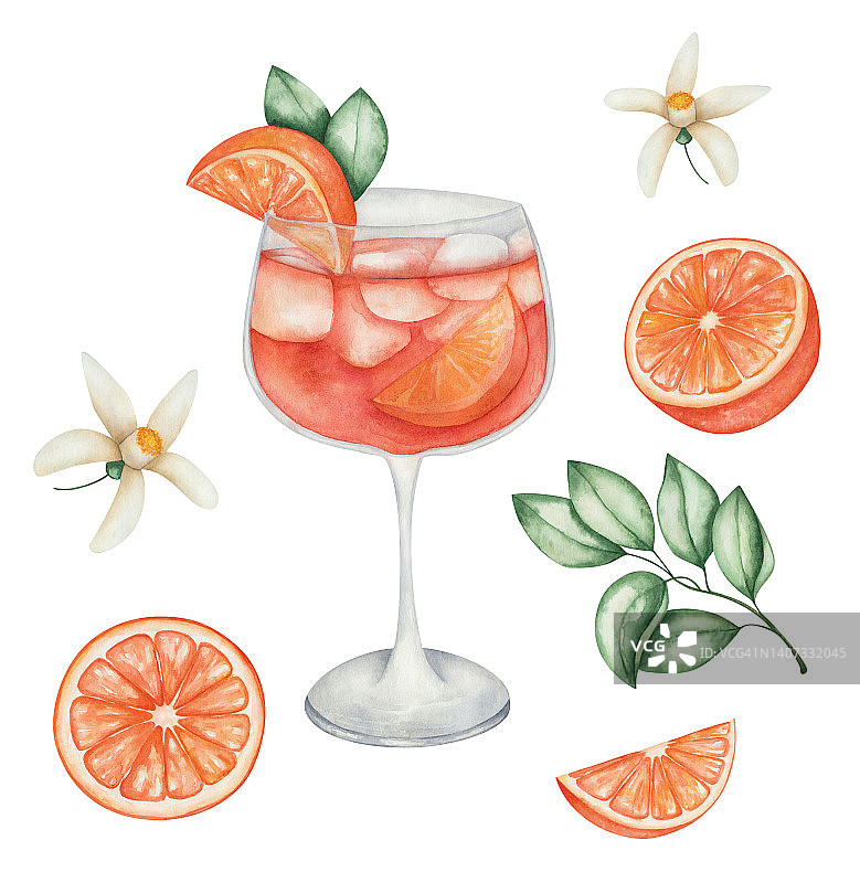 水彩插画手绘橙鸡尾酒在玻璃与切片橙水果，绿叶，花朵，立方体的冰。孤立的与aperol spritz高脚杯剪辑艺术。酒精饮料喝图片素材