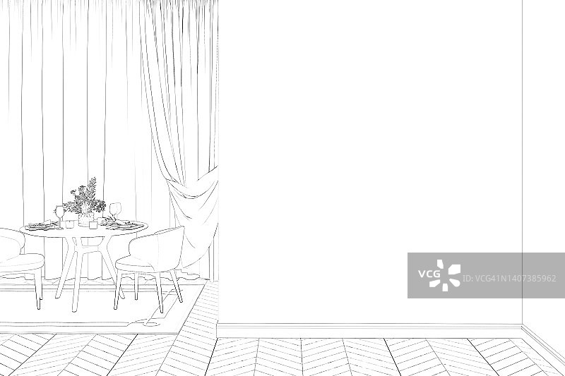 餐厅内部的草图，空白的墙壁，桌椅靠近窗帘的窗户，拼花地板上铺着地毯。前视图。图片素材