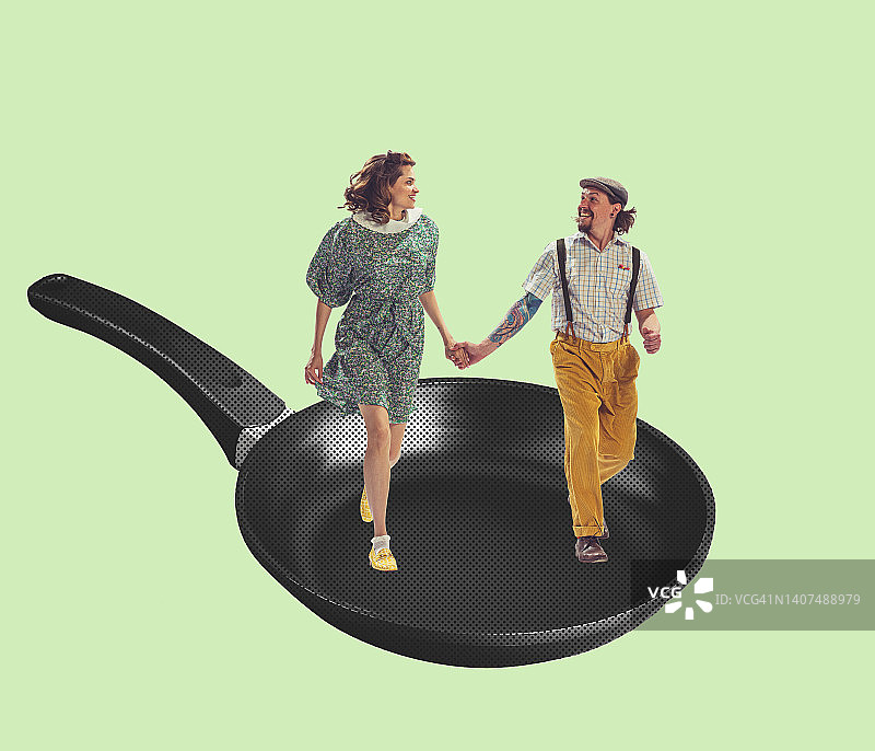 当代艺术拼贴。欢快时尚的夫妇走在油锅上孤立的绿色背景。浪漫的约会图片素材