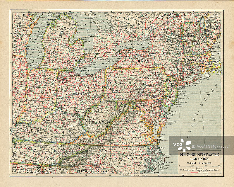 美国东部旧的彩色石刻地图图片素材