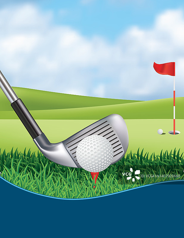 高尔夫球比赛模板与放绿和旗帜图片素材