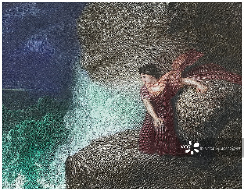 古老的雕刻插画，痛苦的年轻女子跪在海岸岩石在风暴和一个恐惧的表情看着飞溅的波浪图片素材