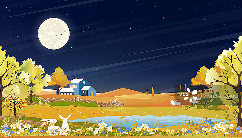 秋天的乡村景观在夜晚与满月在深蓝色的天空背景，矢量卡通秋天的季节在农村与兔子在森林树和草地，背景中秋旗帜图片素材