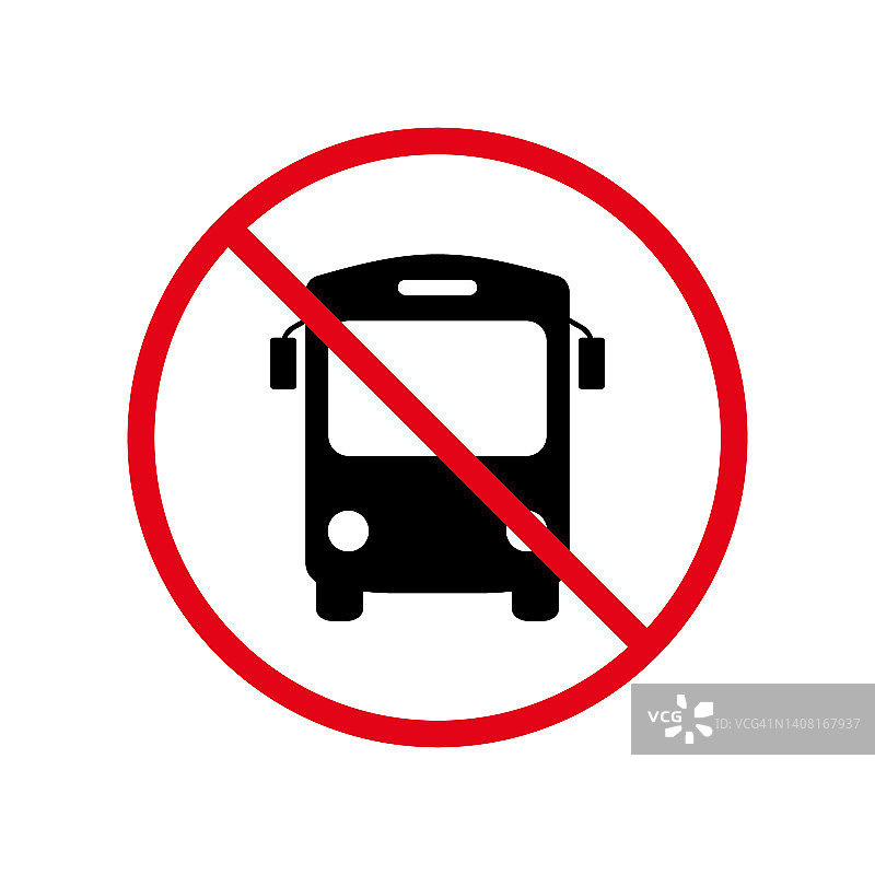 汽车站禁止黑色剪影图标。学校班车禁止的象形文字。红色停止圆圈符号。警告禁止城市公共交通标志。禁止乘坐旅游巴士。孤立的矢量图图片素材