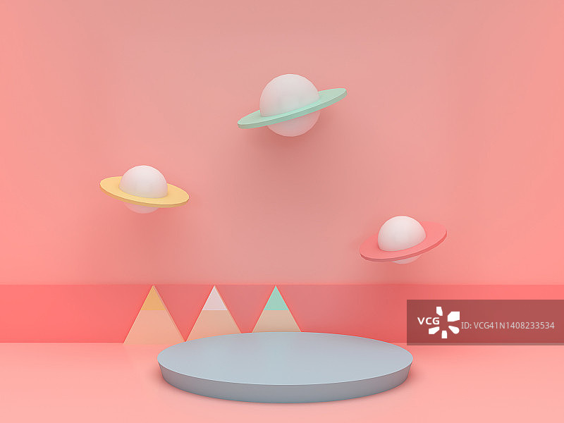 Step stage podium与彩色的土星在粉彩粉红色的背景。用于儿童产品展示的基座。几何的3 d渲染图片素材
