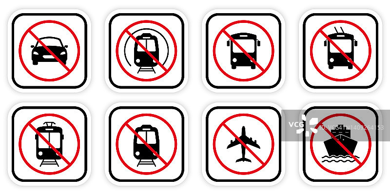 禁止火车，电车，汽车，摩托车，电车，自行车，飞机，公共汽车，船黑色剪影图标集。禁止运输站标志。道路红色停止圈标志。孤立的矢量图图片素材
