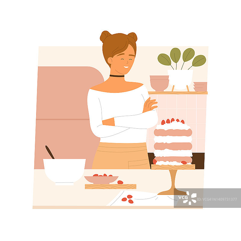女孩在厨房用新鲜的草莓装饰蛋糕。甜美，现代蛋糕美学。女人正在烹饪有机甜点。矢量插图在卡通风格。孤立的白色背景。图片素材