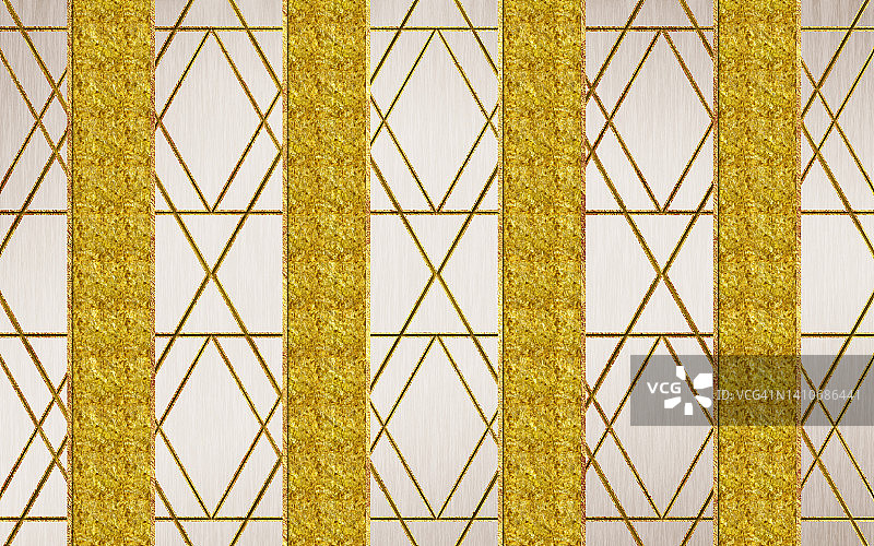 3d现代壁画墙纸。金色的线条在明亮的背景。用于内墙家居装饰图片素材