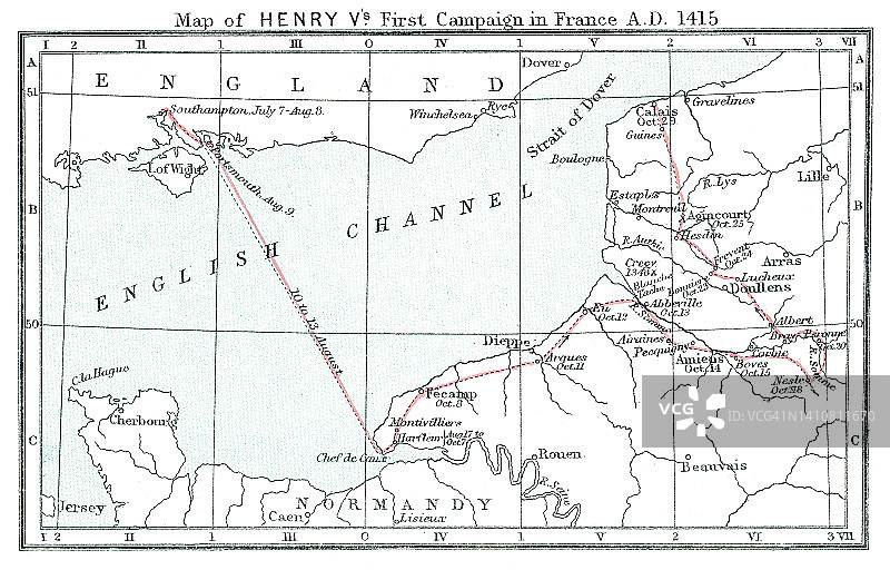 亨利五世在法国第一次战役(1415年)的旧石印地图图片素材
