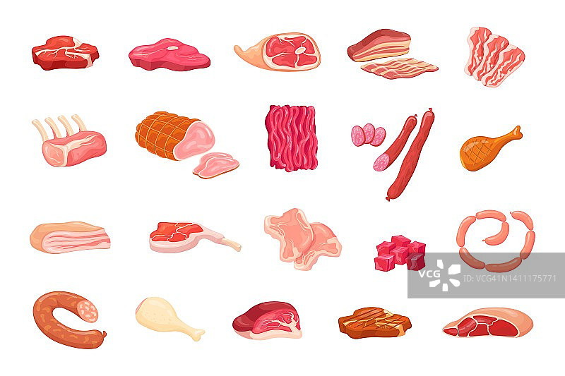卡通肉品种。猪肉和牛肉熟食烹饪lomo美食香肠剪纸火腿鸡肉辣香肠新鲜香肠生牛排烧烤培根片，集矢量插图图片素材
