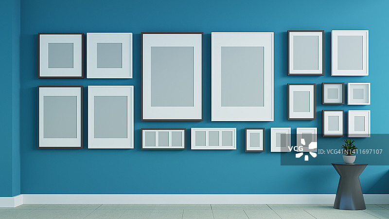 用于装饰的蓝色画廊墙内部- 3D渲染图片素材